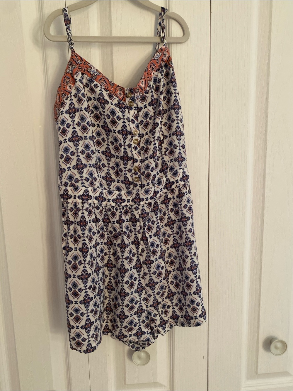 Boho Print Spaghetti Strap Romper with Coral Trim